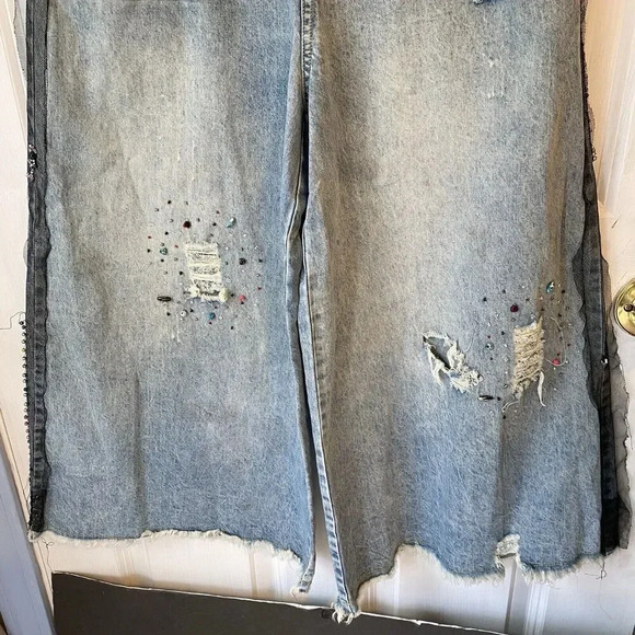 Vtg 90s Jeans Fairy Goth Destress Wide Leg High Rise Women’s S Korea Design Blue - Picture 13 of 13